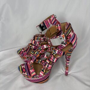 Doll House‎ 6.5 Studded  Multi Color Strappy High Stiletto Platform Heels Pink